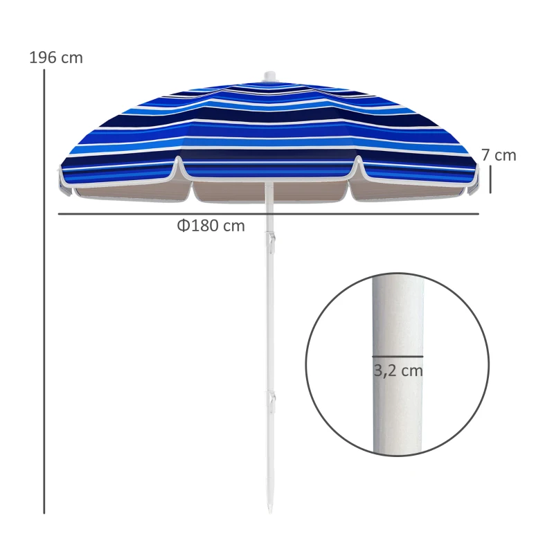 Outsunny Chapéu de Sol Grande para Praia Ø180 cm Dobrável com Ângulo Ajustável Proteção UV50+ Impermeável Mastro de Ø32 mm Multicolor