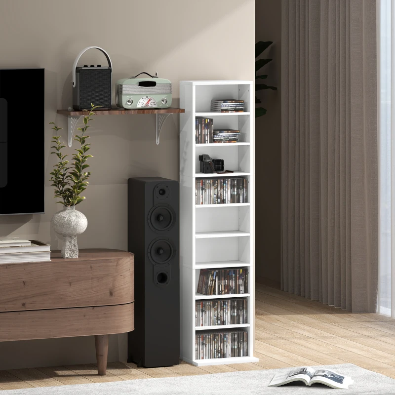 HOMCOM Estante para CDs e DVDs Suportes para CD Estreitos com 9 Compartimentos Prateleiras Ajustáveis 33x24x140 cm Branco