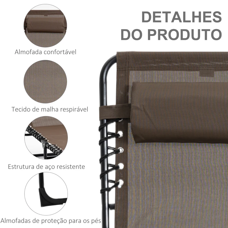 Outsunny Espreguiçadeira Dobrável de Jardim com Encosto Ajustável Apoio para Cabeça Acolchoado Bolso Lateral 185x58x30 cm Marrom