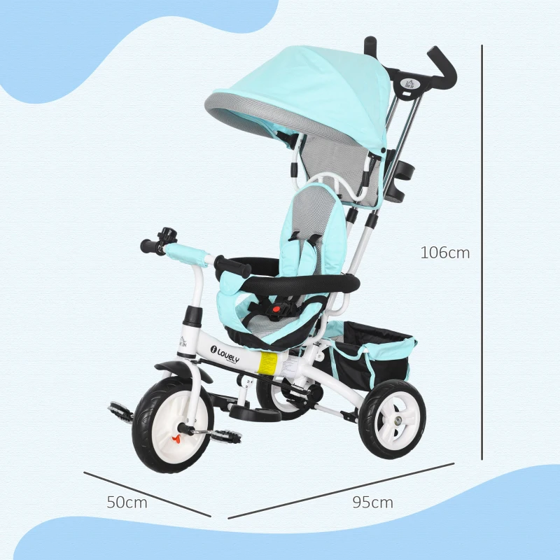 HOMCOM Triciclo Evolutivo para Bebés de +12 Meses 2 em 1 com Toldo Dobrável Guiador Cinto de Segurança e Cesto 95x50x106 cm Verde Mint