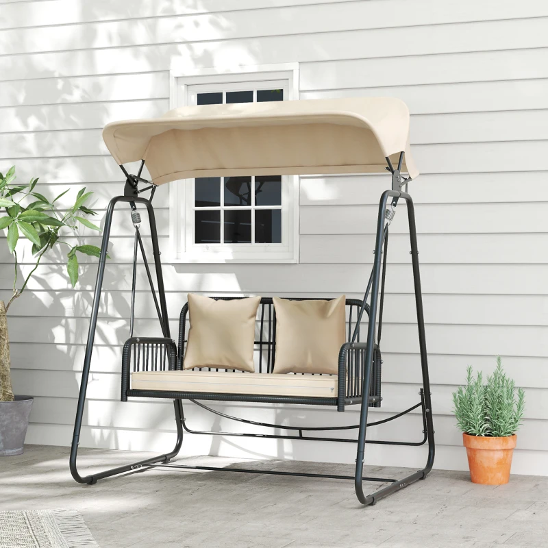 Outsunny Baloiço de Jardim de 2 Lugares com Toldo Retrátil Almofadas e Estrutura de Aço com Vime PE Anti-UV 149x121x180 cm Caqui