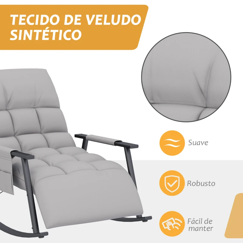 HOMCOM Poltrona Baloiço com Encosto e Apoio para os Pés Ajustáveis e Estofada em Microfibra com Bolso para Sala 60x134x70 cm Cinzento