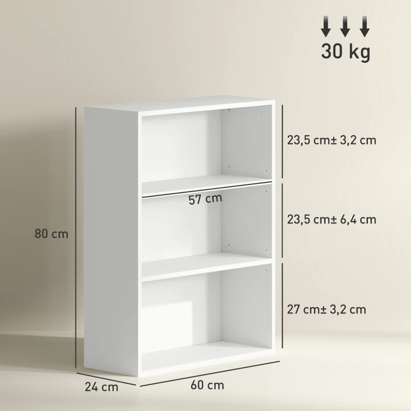 HOMCOM Estante de 3 Níveis Estante para Livros com 2 Prateleiras Ajustáveis para Sala de Estar Escritório Quarto 60x24x80 cm Branco