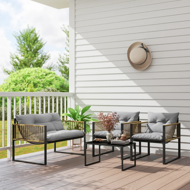 Outsunny Conjunto de Jardim de Vime Sintético de 4 Peças  Inclui Sofá de 2 Lugares 2 Poltronas 1 Mesa de Centro  Cinza e Madeira