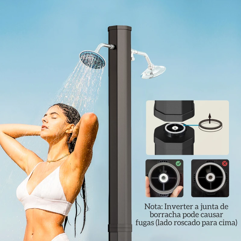 Outsunny Duche de Jardim Solar 35 L com 2 Cabeçais Giratórios Torneiras para Pés e Água Quente Até 55 °C 73x18x217 cm Preto