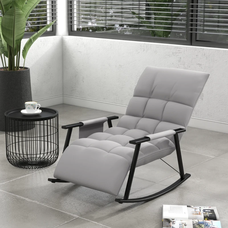 HOMCOM Poltrona Baloiço com Encosto e Apoio para os Pés Ajustáveis e Estofada em Microfibra com Bolso para Sala 60x134x70 cm Cinzento