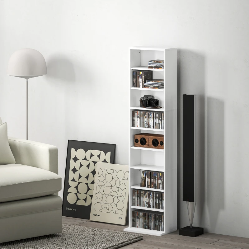 HOMCOM Estante para CDs e DVDs Suportes para CD Estreitos com 9 Compartimentos Prateleiras Ajustáveis 33x24x140 cm Branco