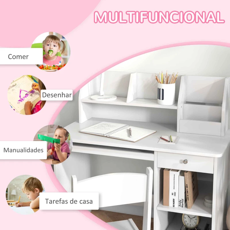 ZONEKIZ Conjunto de Secretária e Cadeira para Crianças com 2 Gavetas e Compartimento para Dormitório Sala de Estudo Branco