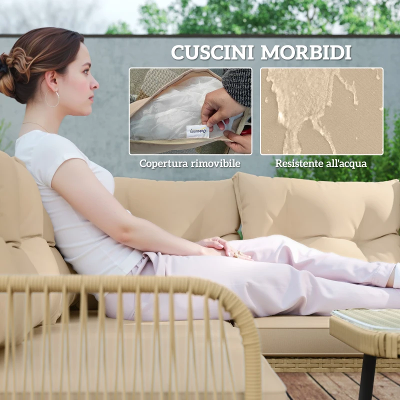Outsunny Salotto da Giardino in Rattan 2 Divanetti e Poltrona Angolare con Cuscini, Tavolino in Vetro, Colore Legno