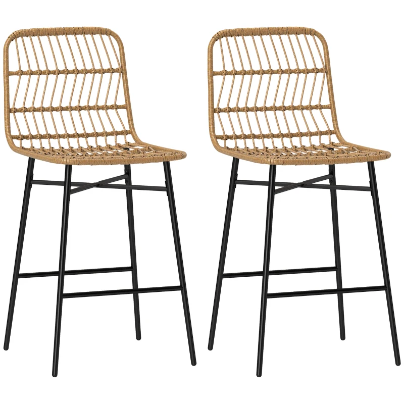 HOMCOM Conjunto de 2 Bancos Altos de Cozinha Bancos de Bar com Encosto e Assento em Vime Sintético 43x56x101 cm Marrom Claro