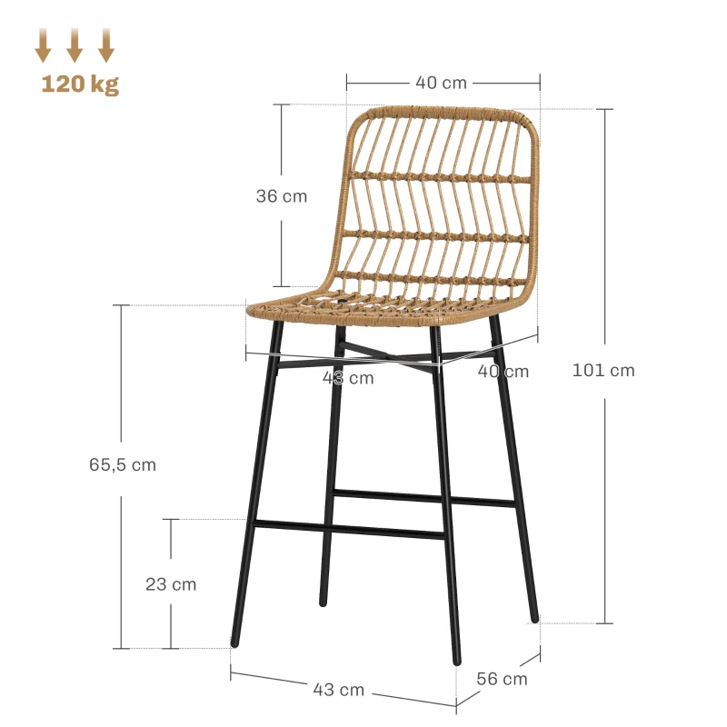 HOMCOM Conjunto de 2 Bancos Altos de Cozinha Bancos de Bar com Encosto e Assento em Vime Sintético 43x56x101 cm Marrom Claro