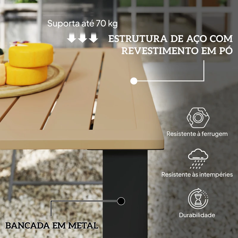 Outsunny Mesa de Jardim Retangular 150x90x73 cm com Pés de Aço Orifício para Chapéu de Sol e Desenho em Ripas Marrom Claro