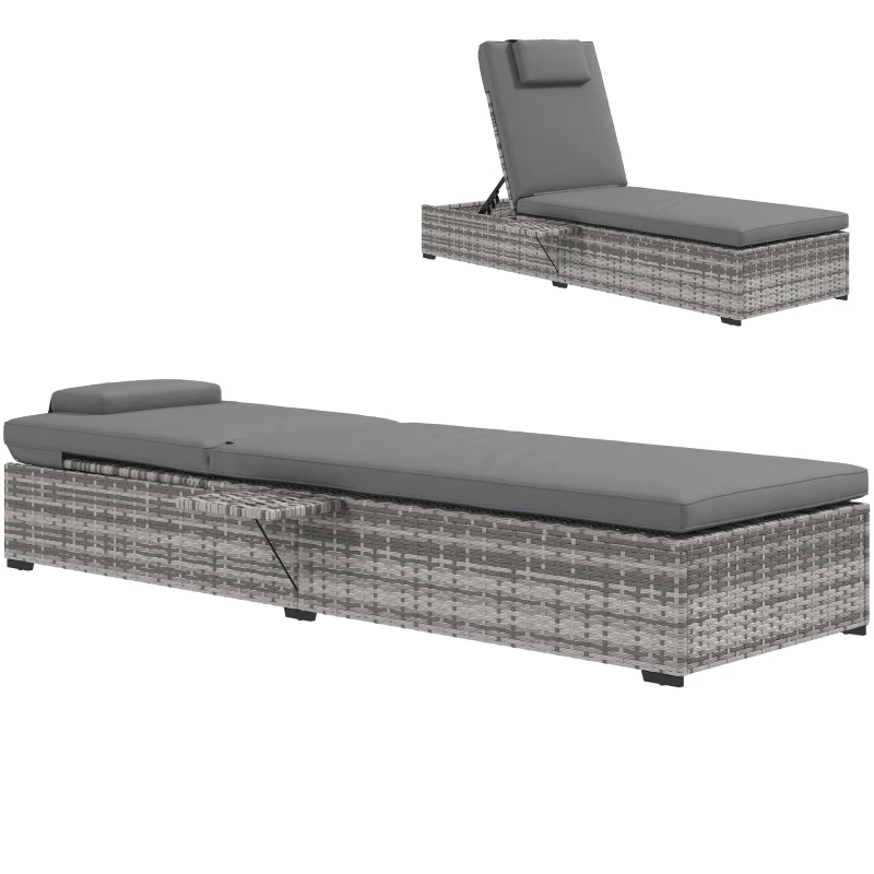 Outsunny Espreguiçadeira de Vime Reclinável para Jardim com Encosto Ajustável em 5 Níveis Mesinha 196x62x35 cm Cinzento