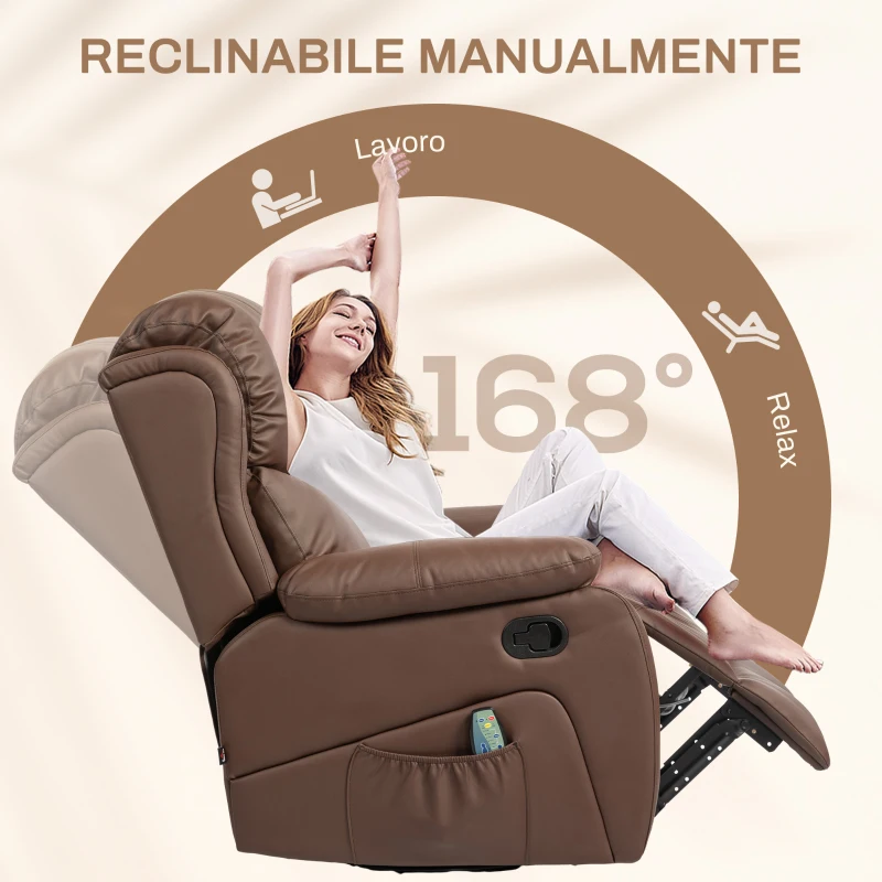 HOMCOM Poltrona Relax Reclinabile con 8 Punti Massaggianti, Riscaldanti e Poggiapiedi, 97x92X104 cm, Marrone