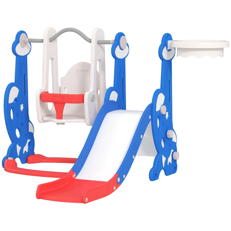 AIYAPLAY Escorrega Infantil 4 em 1 Parque Infantil com Baloiço e Escorrega Escalador Cesto de Basquetebol Temática de Foguete 147,5x160x107 cm  Multicor