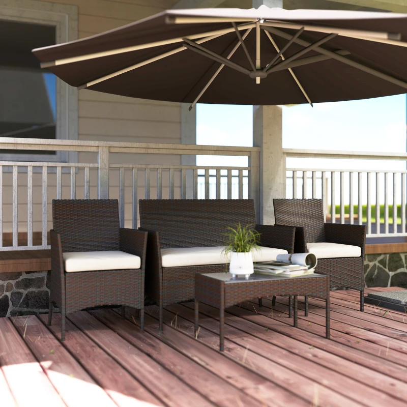 Outsunny Conjunto de Jardim em Vime com Almofadas Móveis de Exterior com 2 Poltronas Sofá de 2 Lugares Mesa com Vidro Marrom e Bege