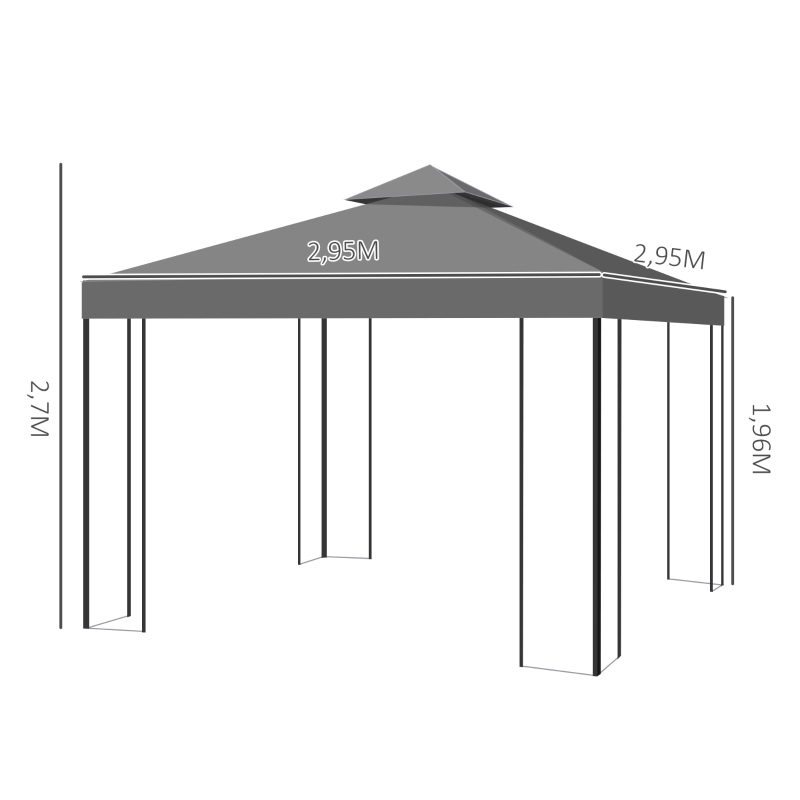 Outsunny Pérgola de Jardim 3x3 m com Teto Duplo Estrutura de Aço 8 Orifícios de Drenagem Resistente à Água Pérgola para Exterior Cinzento