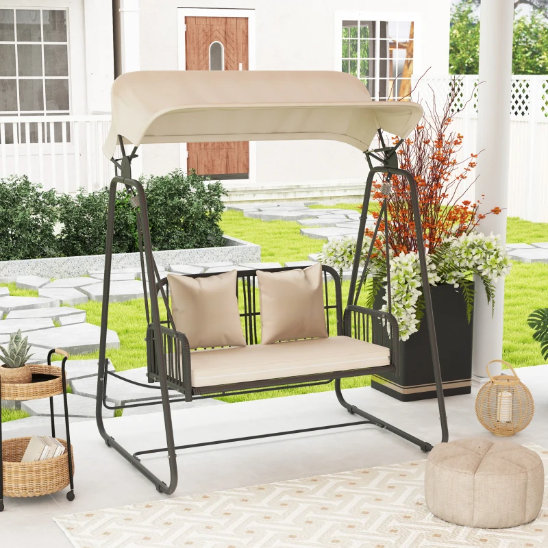 Outsunny Baloiço de Jardim de 2 Lugares com Toldo Retrátil Almofadas e Estrutura de Aço com Vime PE Anti-UV 149x121x180 cm Caqui