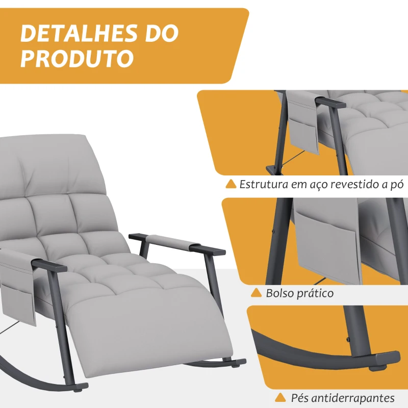 HOMCOM Poltrona Baloiço com Encosto e Apoio para os Pés Ajustáveis e Estofada em Microfibra com Bolso para Sala 60x134x70 cm Cinzento
