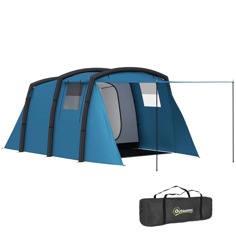 Outsunny Tenda de Campismo Inflável Familiar para 3-4 Pessoas Janelas de Malha e Bolsa de Transporte Proteção UV 50+ 440x280x195 cm Azul
