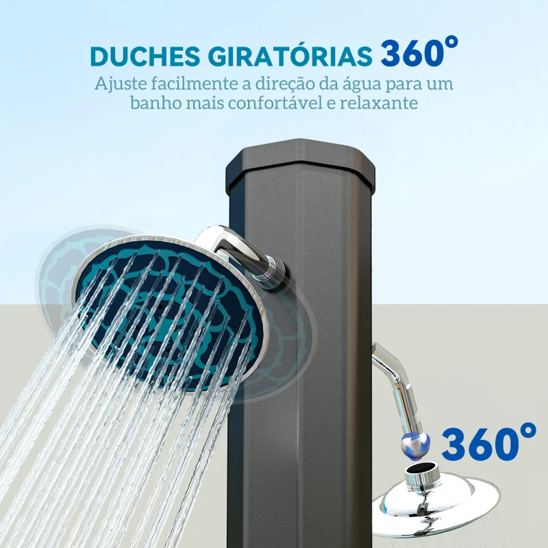 Outsunny Duche de Jardim Solar 35 L com 2 Cabeçais Giratórios Torneiras para Pés e Água Quente Até 55 °C 73x18x217 cm Preto