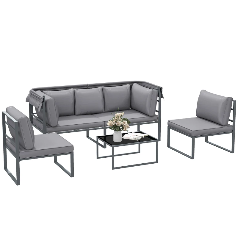 Outsunny Buitenmeubelset, 3-zits Sofa met Baldakijn, 2 Stoelen, Glazen Salontafel, 12 Kussens, Stalen Frame, Grijs