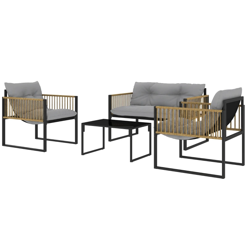 Outsunny Conjunto de Jardim de Vime Sintético de 4 Peças  Inclui Sofá de 2 Lugares 2 Poltronas 1 Mesa de Centro  Cinza e Madeira