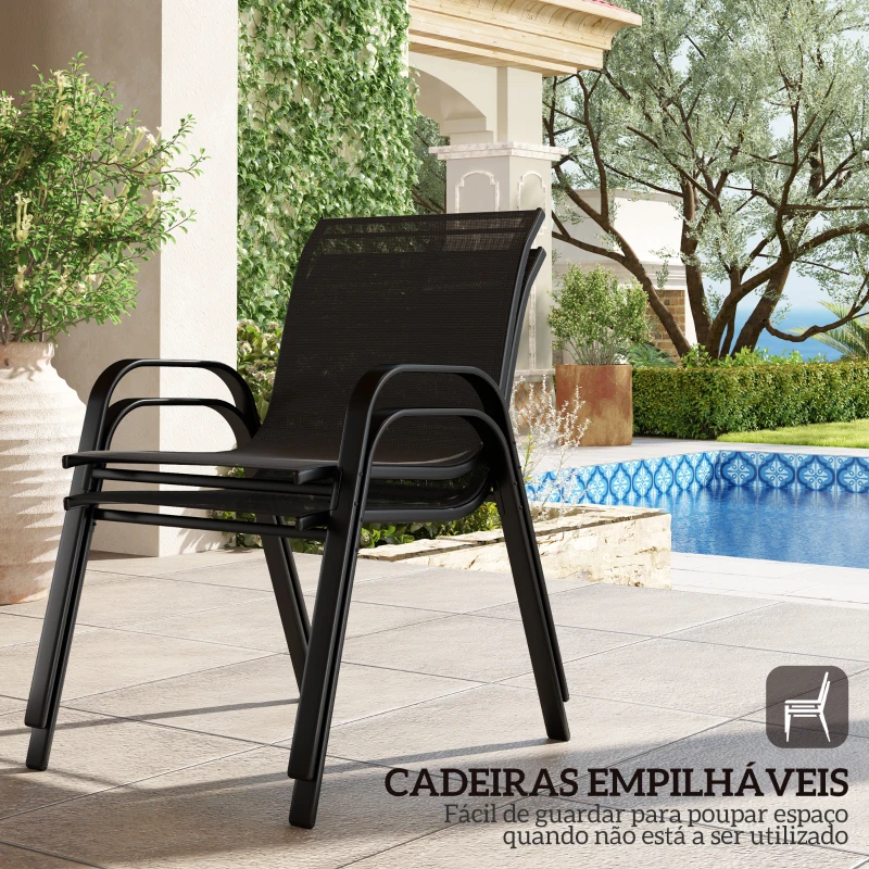 Outsunny Conjunto de Jardim Exterior 4 Peças com 2 Cadeiras Empilháveis 1 Sofá de 2 Lugares e Mesa de Centro com Bancada de Vidro Temperado Preto