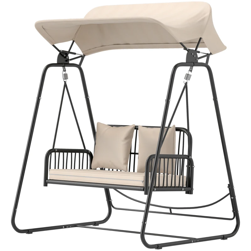Outsunny Baloiço de Jardim de 2 Lugares com Toldo Retrátil Almofadas e Estrutura de Aço com Vime PE Anti-UV 149x121x180 cm Caqui