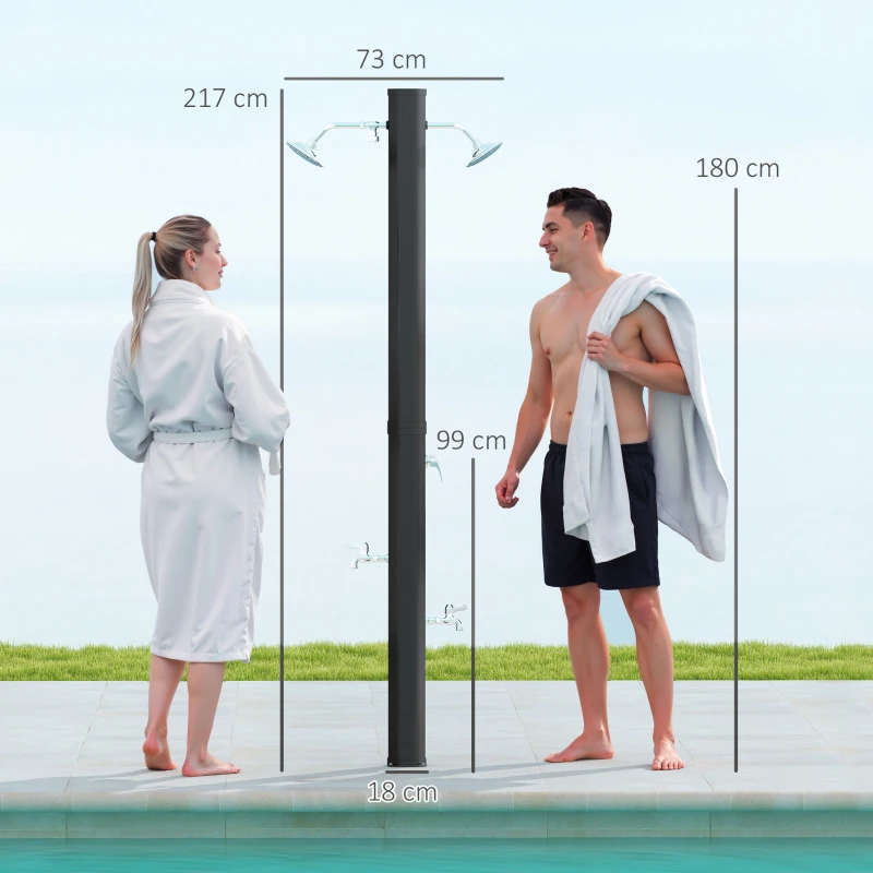 Outsunny Duche de Jardim Solar 35 L com 2 Cabeçais Giratórios Torneiras para Pés e Água Quente Até 55 °C 73x18x217 cm Preto