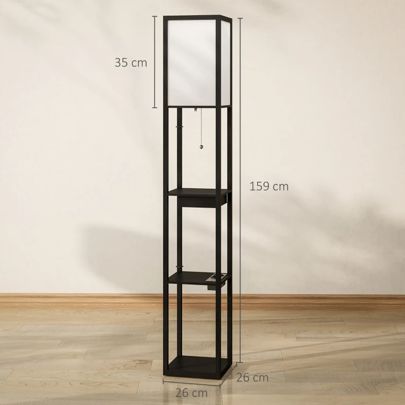 HOMCOM Lampa Stojąca z 3-Poziomową Półką, Przełącznikiem Nożnym, Portami USB, MDF, Czarny