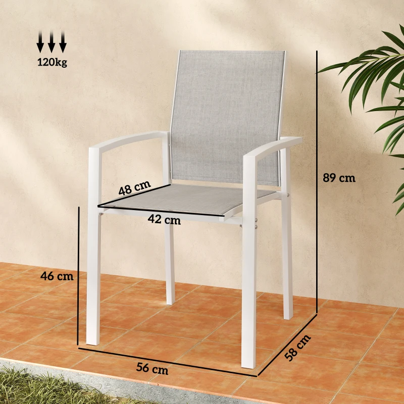 Outsunny Conjunto de 2 Cadeiras de Jardim Empilháveis com Tecido Transpirável e Estrutura em Aço 56x58x89 cm Branco e Cinzento