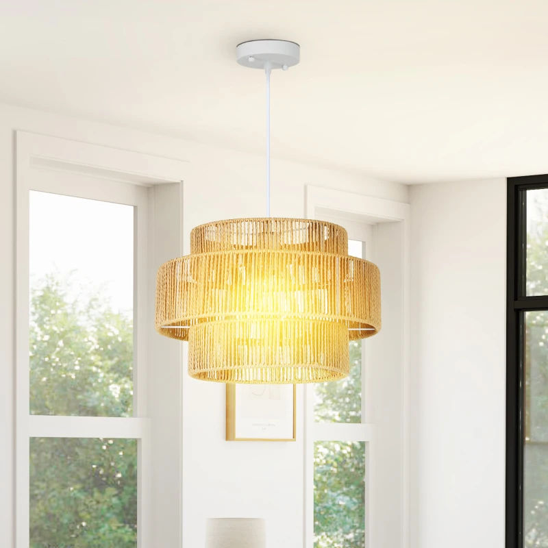 HOMCOM Hanglamp, Drielaags Lampenkap, Metaal, Henneptouw, Lichtbruin