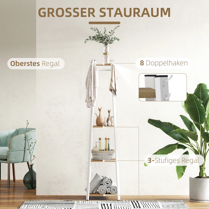 HOMCOM Wieszak na ubrania, design trapezowy, trzypoziomowy, 8 podwójnych haczyków, stalowy, Biały+Dąb