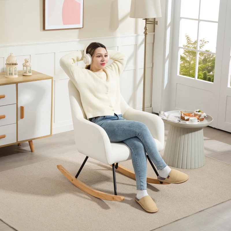 HOMCOM Schommelstoel, Zacht Fluweel Look Bekleding, Dikke Kussenvulling, Brede Rugleuning, Crèmewit