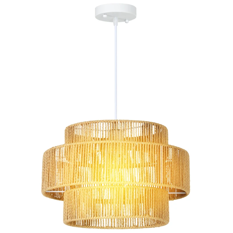 HOMCOM Hanglamp, Drielaags Lampenkap, Metaal, Henneptouw, Lichtbruin