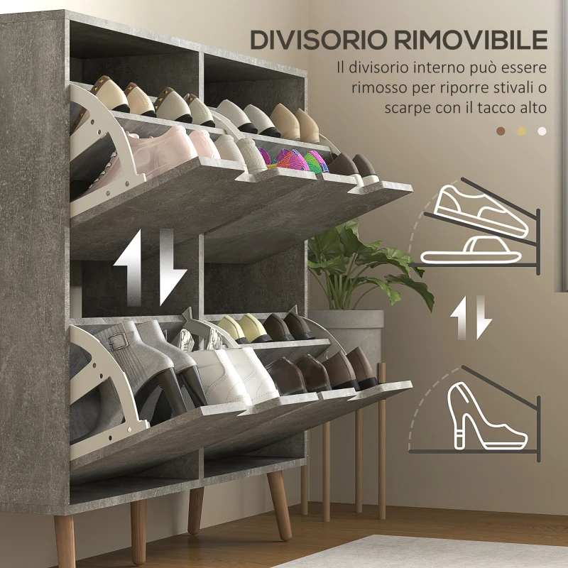 HOMCOM Mobile Scarpiera con 4 Cassetti Ribaltabili a 2 Livelli per 16 Paia, in Legno, 95x26x95 cm, Grigio