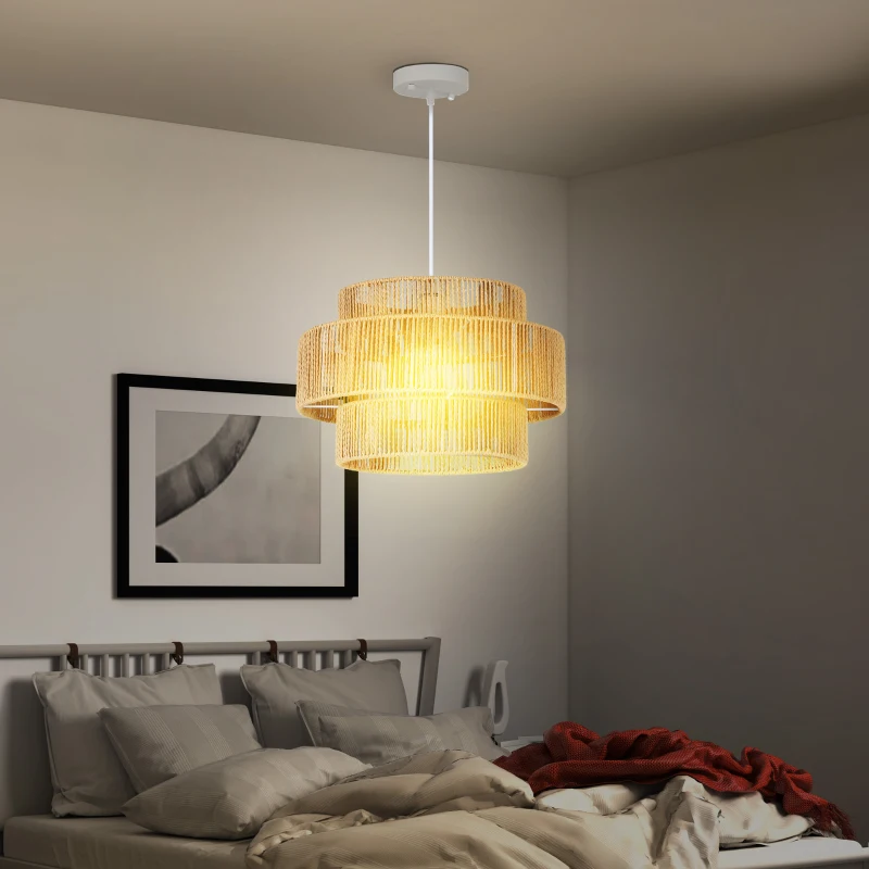 HOMCOM Hanglamp, Drielaags Lampenkap, Metaal, Henneptouw, Lichtbruin