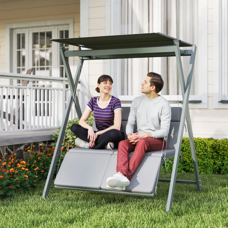Outsunny Baloiço de Jardim de 2 Lugares Convertível em Cama com Toldo Ajustável Proteção UV30+ e Almofadas 142x130x168 cm Cinzento Escur
