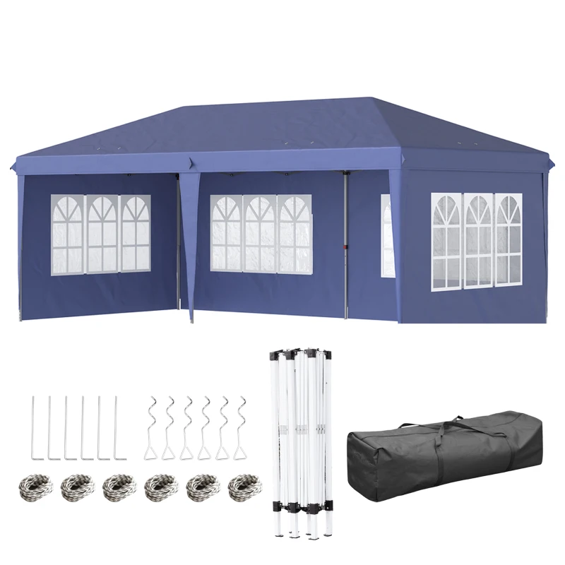 Outsunny Carpa Plegable 6x3 m con 4 Laterales Desmontables Cenador de Jardín con 4 Ventanas Visibles y Bolsa de Transporte Azul