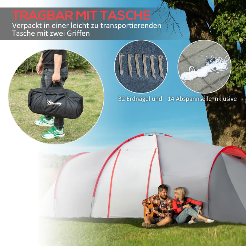 Outsunny Campingtent voor 4 Personen, met Luifel, 2 Slaapkamers, Vensters, Accessoires, Grijs