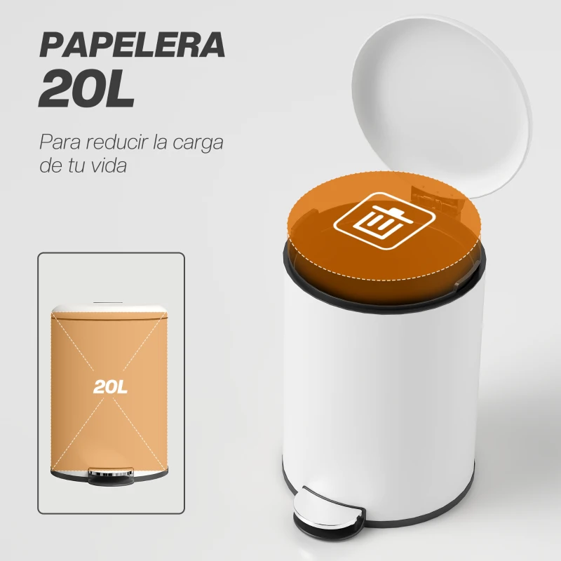 HOMCOM Papelera de Cocina 20L con Pedal Tapa de Cierre Suave y Cubo Extraíble para Dormitorio Oficina Estudio Salón Crema