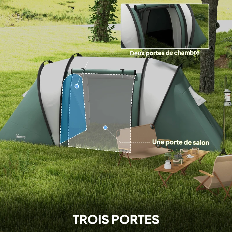 Outsunny Tente de camping familiale 4-5 personnes avec 2 chambres 3000 mm imperméable et ventilée, sac de transport, vert