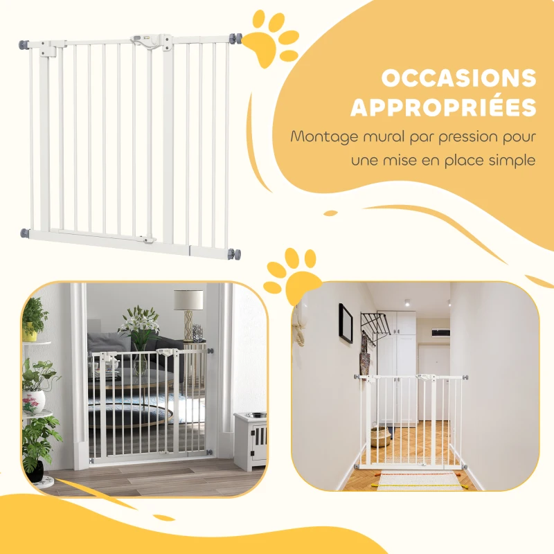 PawHut Barrière de sécurité animaux porte fermeture automatique système de double verrouillage sans perçage 1 extension blanc(m-6)