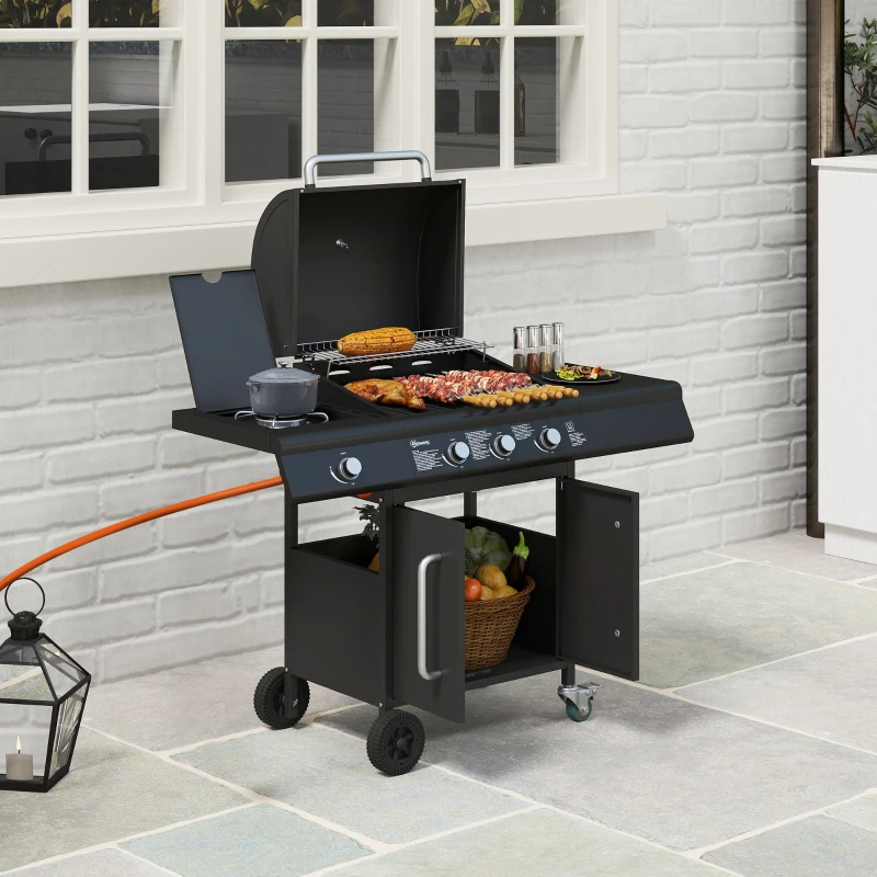 Outsunny Verrijdbare Gasbarbecue met Opbergruimte, Zijtafel, Zijbrander, Warmhoudrek, Thermometer, Roestvrijstaal, Zwart