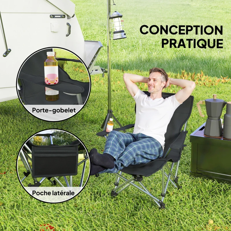 Outsunny Chaise de camping pliante fauteuil de pêche avec repose-pied amovible, appui-tête, porte-gobelet, sac de transport noir