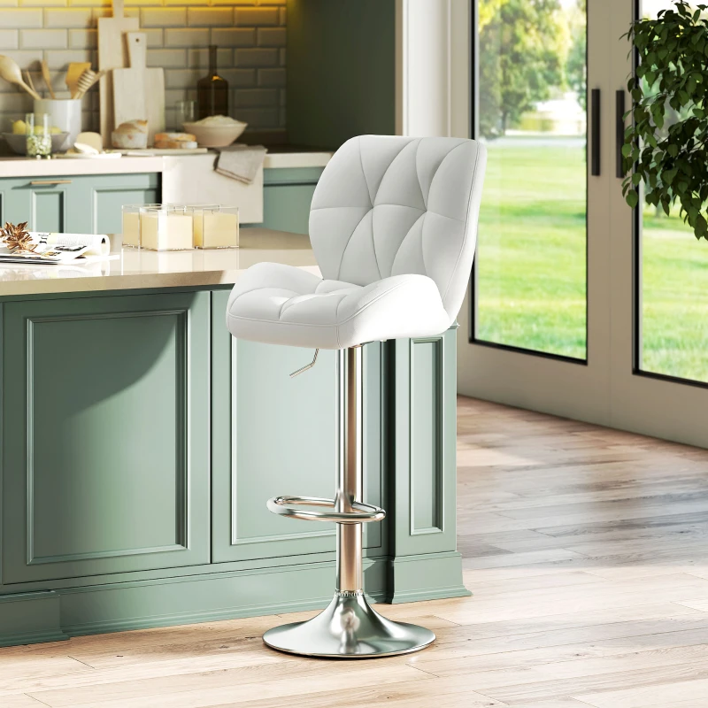 HOMCOM Scaun de Bar Pivotant cu Tapițerie din Piele Artificială, Scaun de Bucătărie cu Spătar și Înălțime Reglabilă, 47x49x90-111 cm, Alb