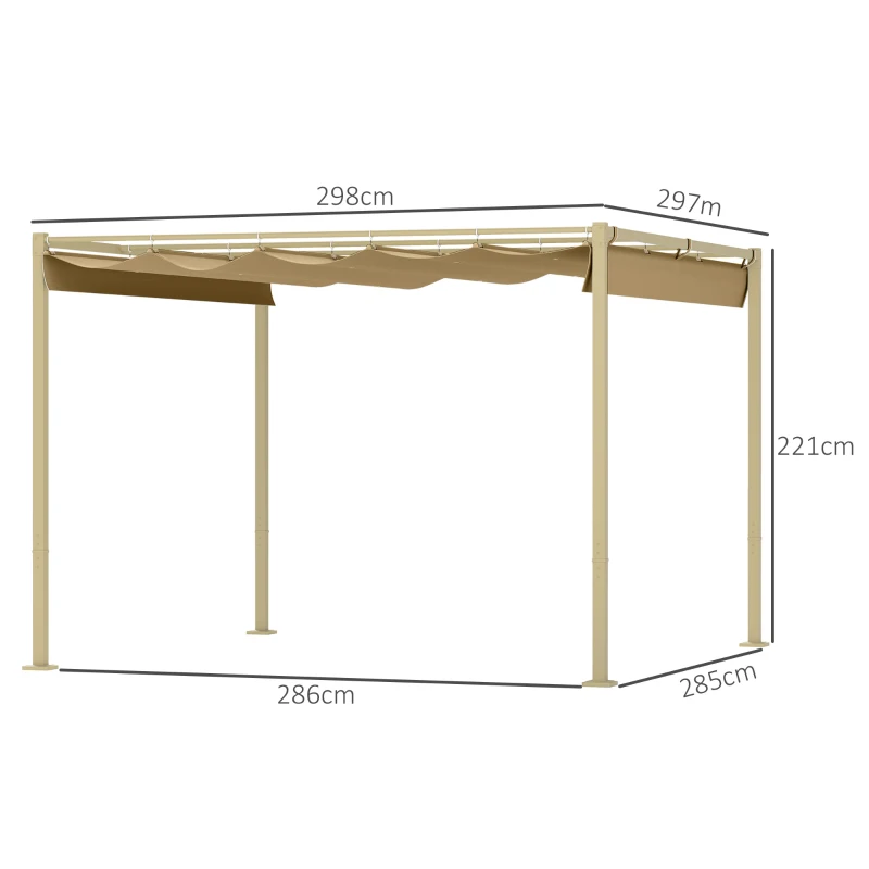 Outsunny Pergolă de Grădină cu Acoperiș Retractabil și Sistem de Prindere Magnetic, 298x297x221 cm, Kaki(m-3)