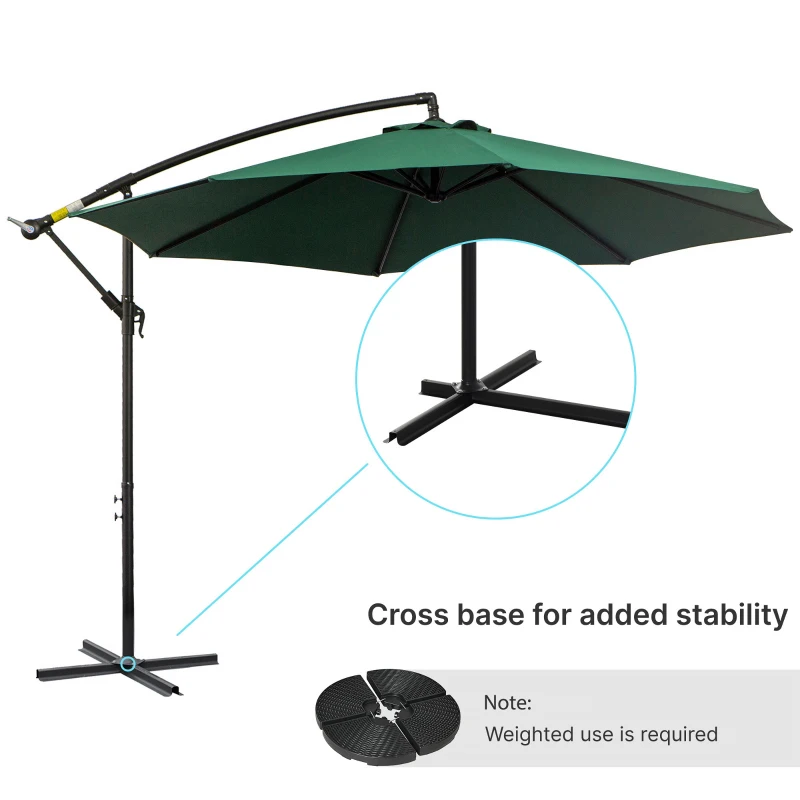 Outsunny 3(m) Banana Parasol Hanging Cantilever Umbrella with Crank Handle, 8 Ribs and Cross Base for Outdoor, Sun Shade, Dark Green