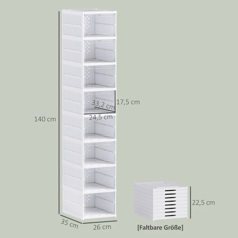 HOMCOM Regał na Buty 8-Poziomowy, Składany, z Wentylowanym Tyłem, Plastikowy, Biały